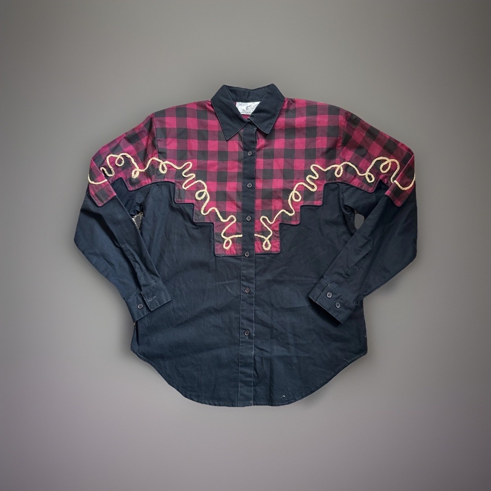 VTG 90s Mine & Bill's Western Shirt M Red Black Plaid Embroidered Twine